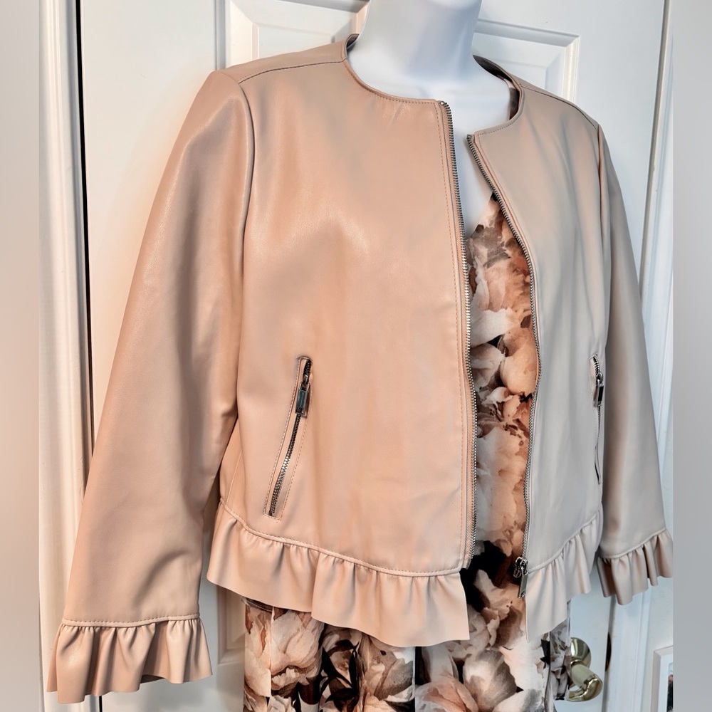 Soft Pastel Dusty Rose Faux Leather Women's Jacket with Ruffle Hem